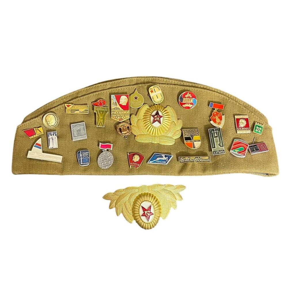 Vintage Russia USSR Cap‎ with Assorted Military Pins Army 1983 Medals